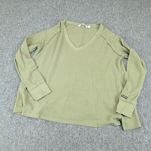 Calvin Klein Jeans Womens Top Medium Olive Waffle Knit Split Back V-Neck Thermal